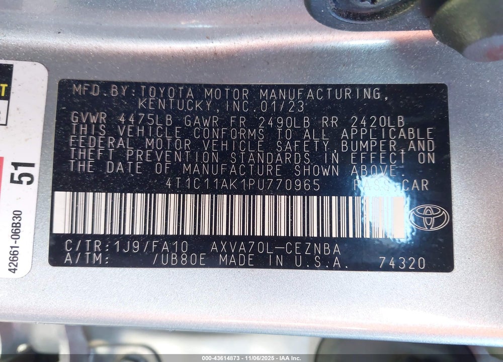 2023 TOYOTA CAMRY LE VIN: 4T1C11AK1PU770965