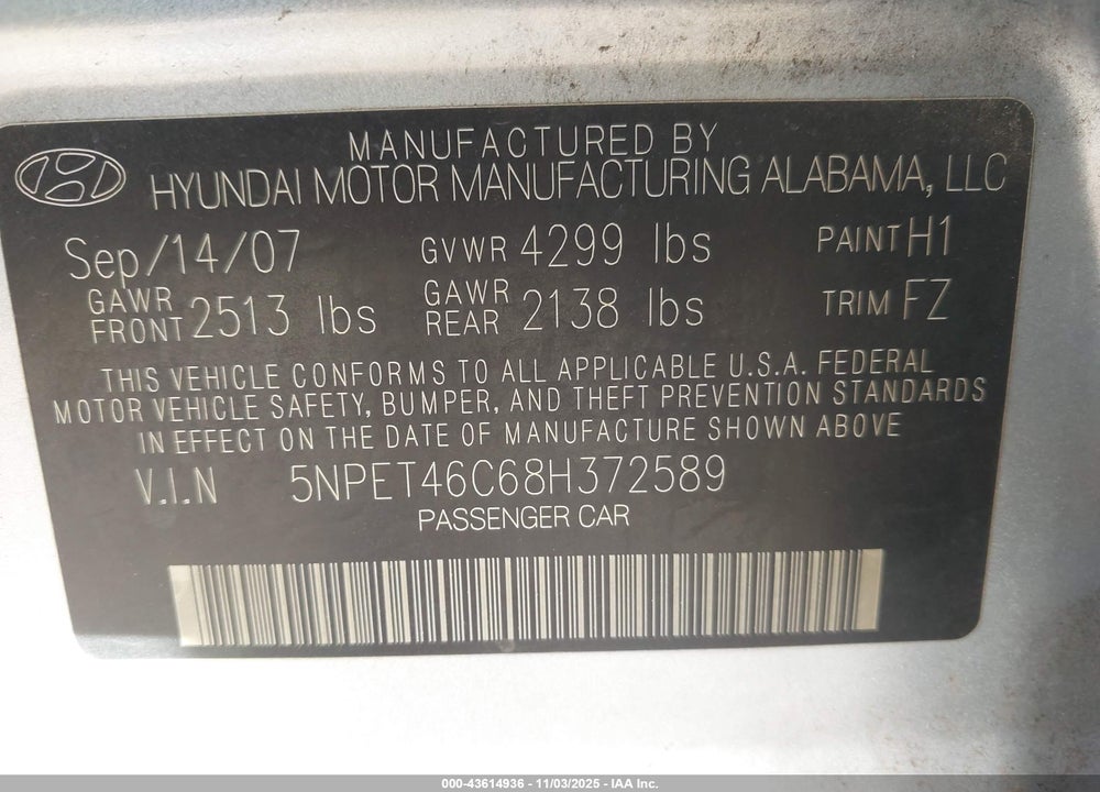 2008 HYUNDAI SONATA GLS VIN: 5NPET46C68H372589