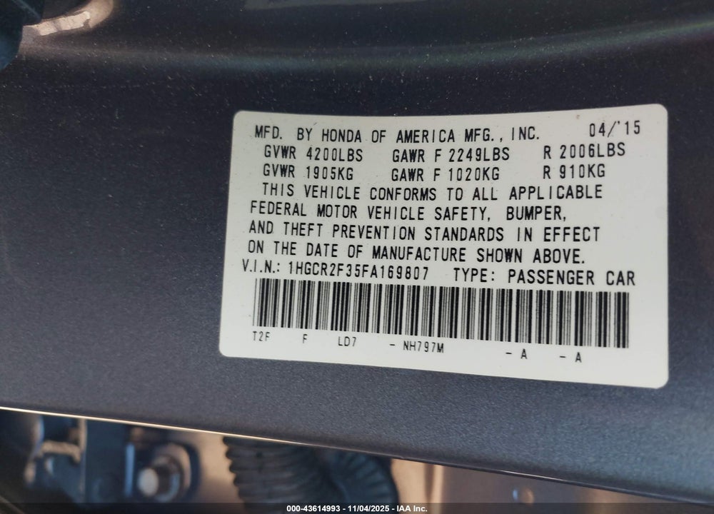 2015 HONDA ACCORD LX VIN: 1HGCR2F35FA169807