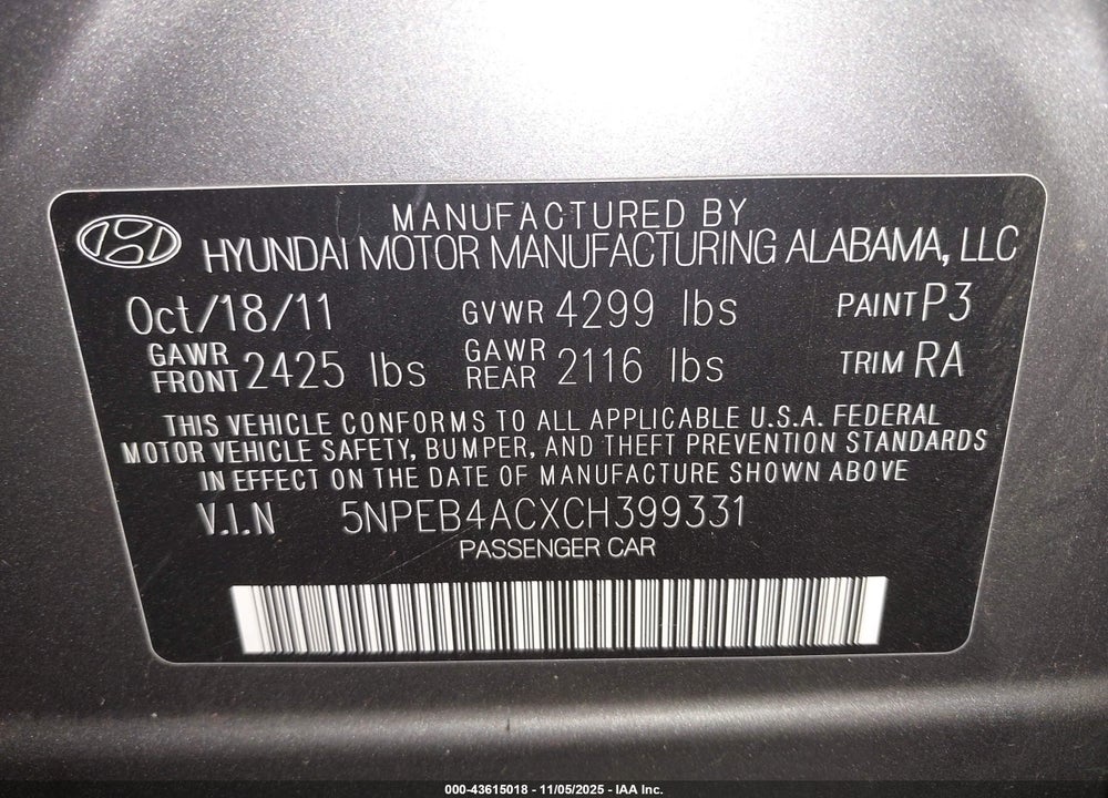 2012 HYUNDAI SONATA GLS VIN: 5NPEB4ACXCH399331