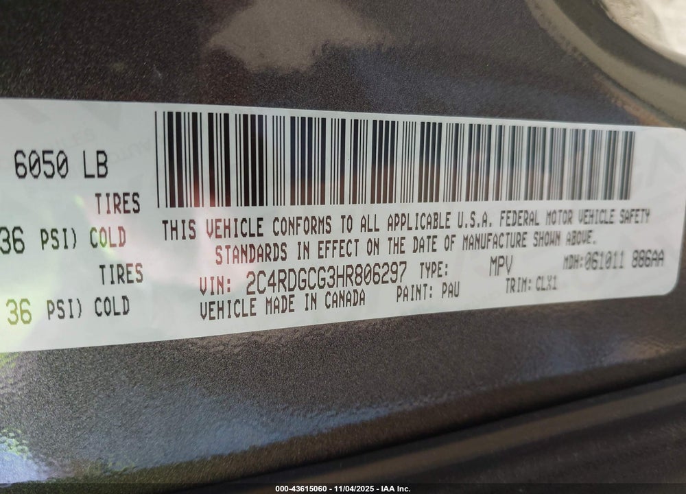 2017 DODGE GRAND CARAVAN SXT VIN: 2C4RDGCG3HR806297