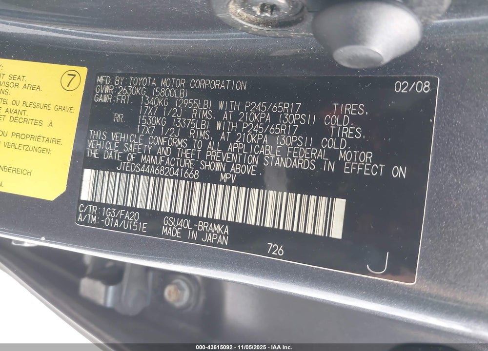 2008 TOYOTA HIGHLANDER VIN: JTEDS44A682041668