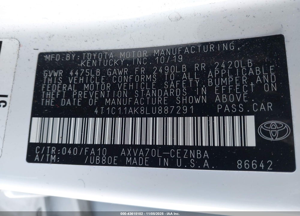 2020 TOYOTA CAMRY VIN: 4T1C11AK8LU887291