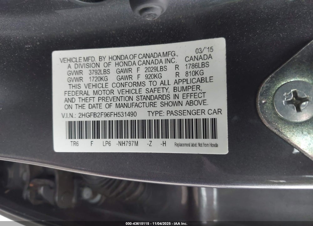 2015 HONDA CIVIC EX-L VIN: 2HGFB2F96FH531490