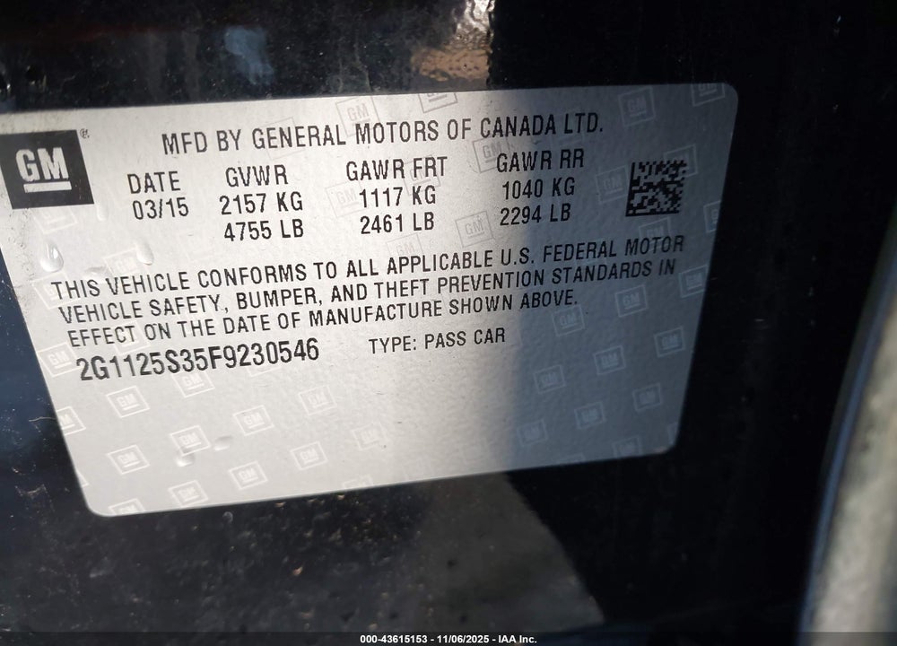 2015 CHEVROLET IMPALA 2LT VIN: 2G1125S35F9230546