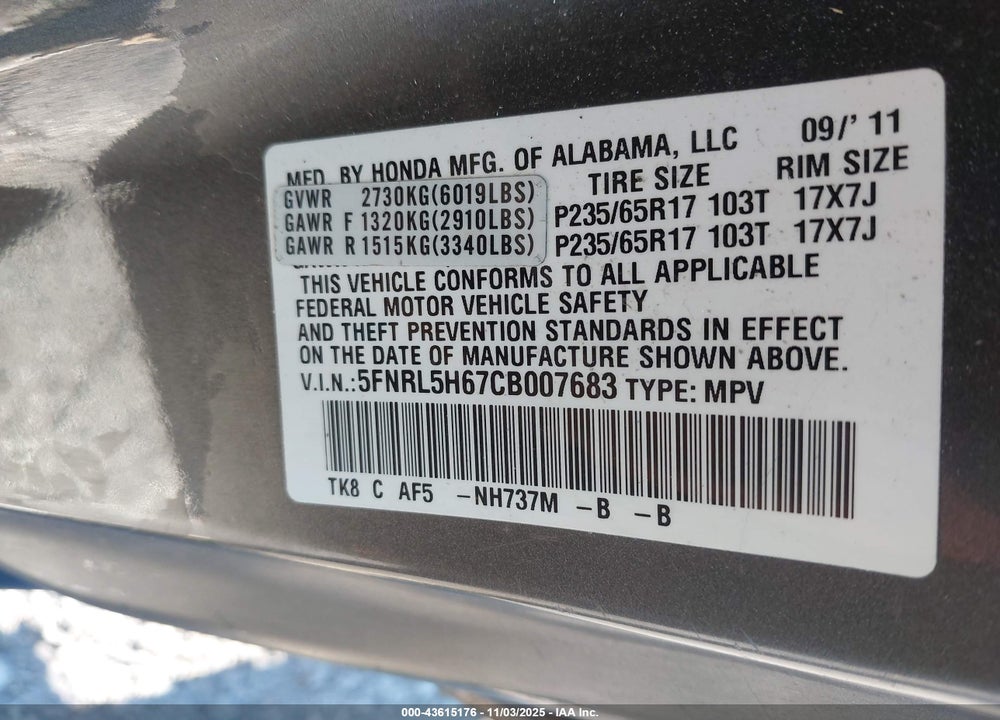2012 HONDA ODYSSEY VIN: 5FNRL5H67CB007683