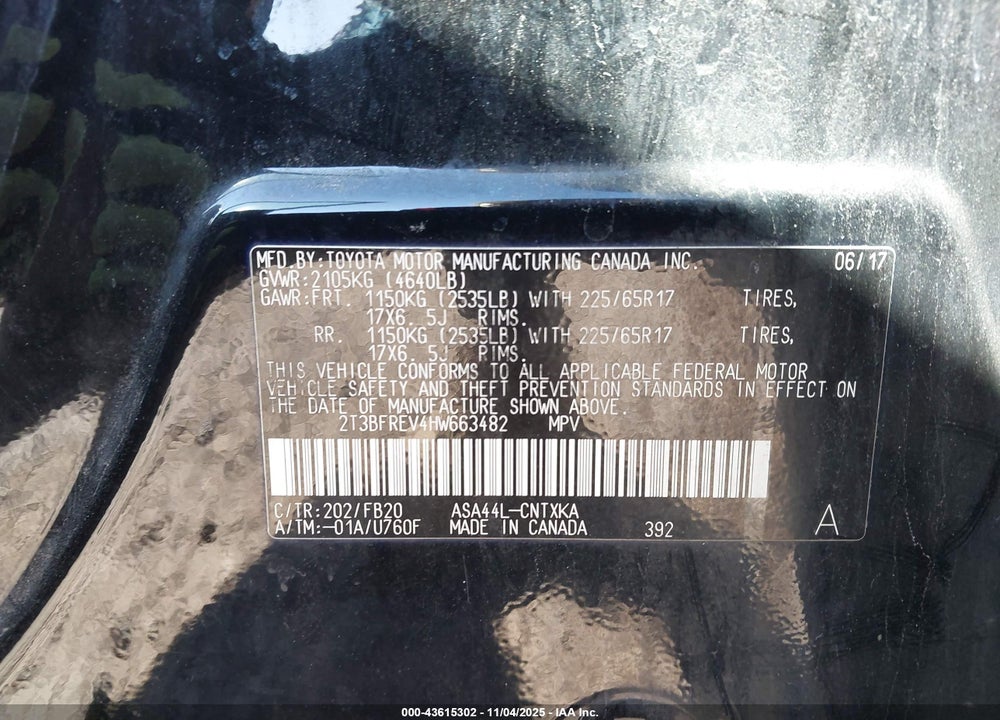 2017 TOYOTA RAV4 LE VIN: 2T3BFREV4HW663482