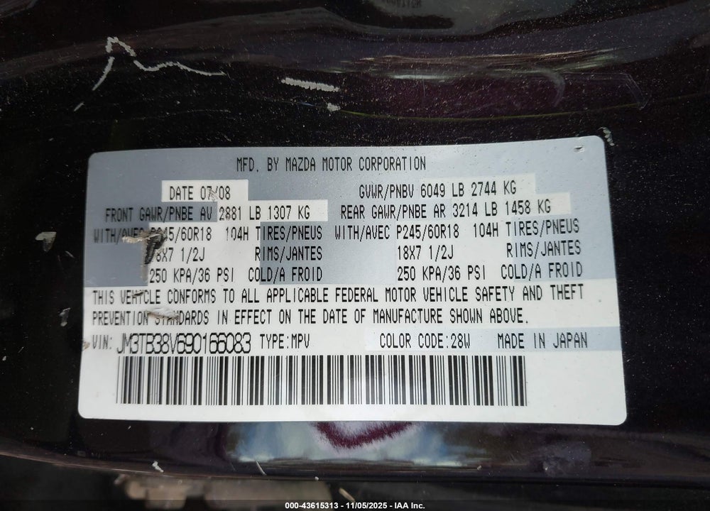 2009 MAZDA CX-9 VIN: JM3TB38V690166083