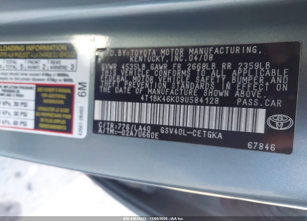 2009 TOYOTA CAMRY XLE V6 VIN: 4T1BK46K09U584128