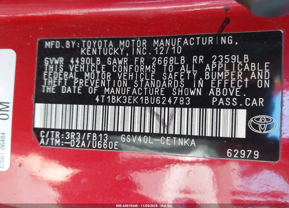 2011 TOYOTA CAMRY LE V6 VIN: 4T1BK3EK1BU624783