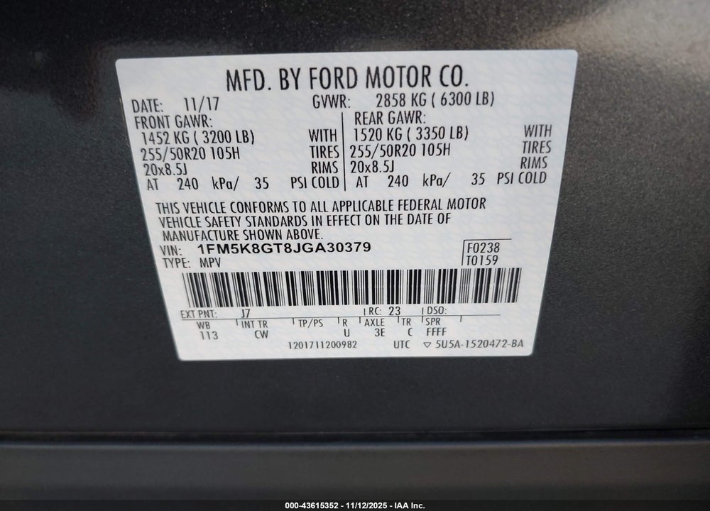 2018 FORD EXPLORER SPORT VIN: 1FM5K8GT8JGA30379