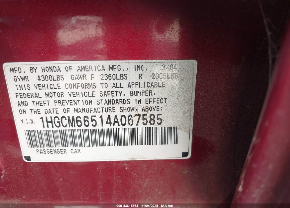 2004 HONDA ACCORD 3.0 EX VIN: 1HGCM66514A067585
