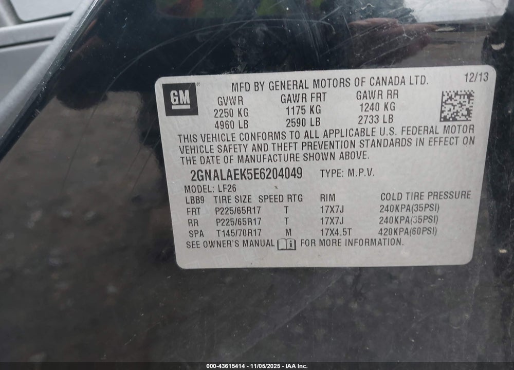 2014 CHEVROLET EQUINOX LS VIN: 2GNALAEK5E6204049