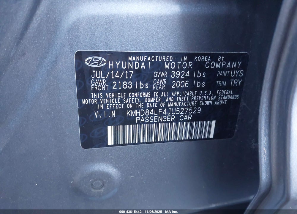 2018 HYUNDAI ELANTRA VIN: KMHD84LF4JU527529