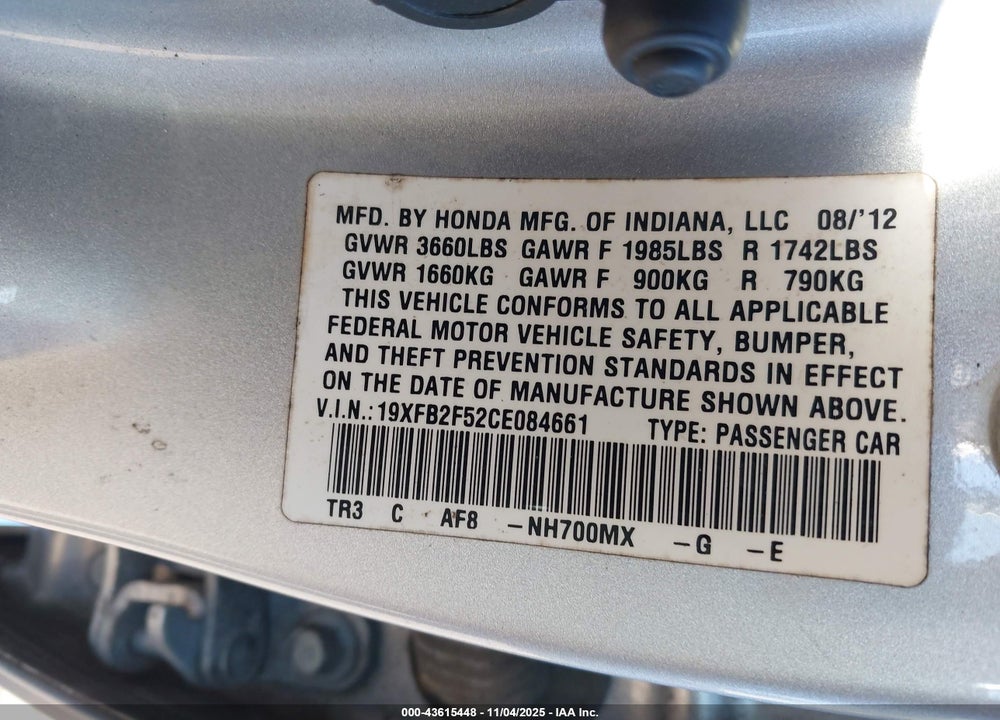 2012 HONDA CIVIC LX VIN: 19XFB2F52CE084661