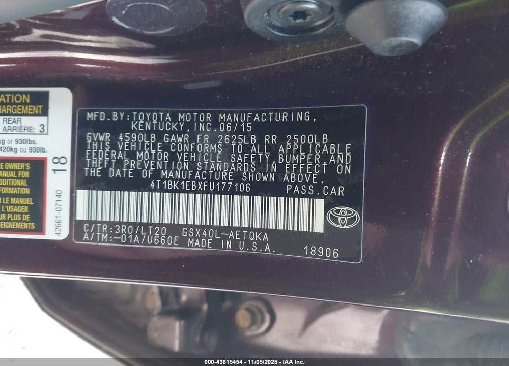2015 TOYOTA AVALON VIN: 4T1BK1EBXFU177106