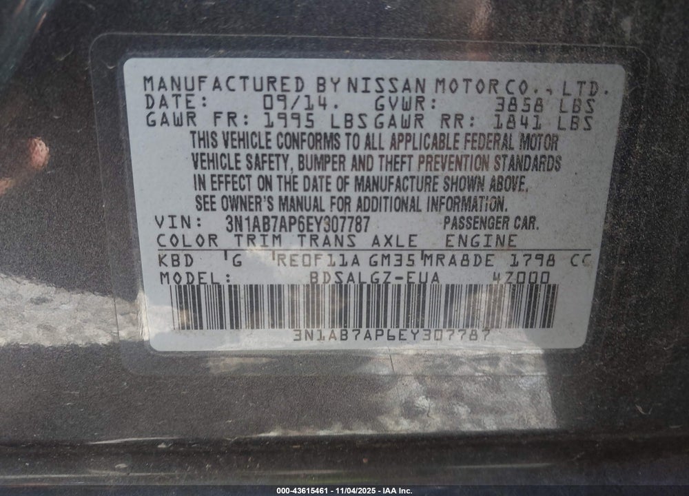 2014 NISSAN SENTRA SL VIN: 3N1AB7AP6EY307787
