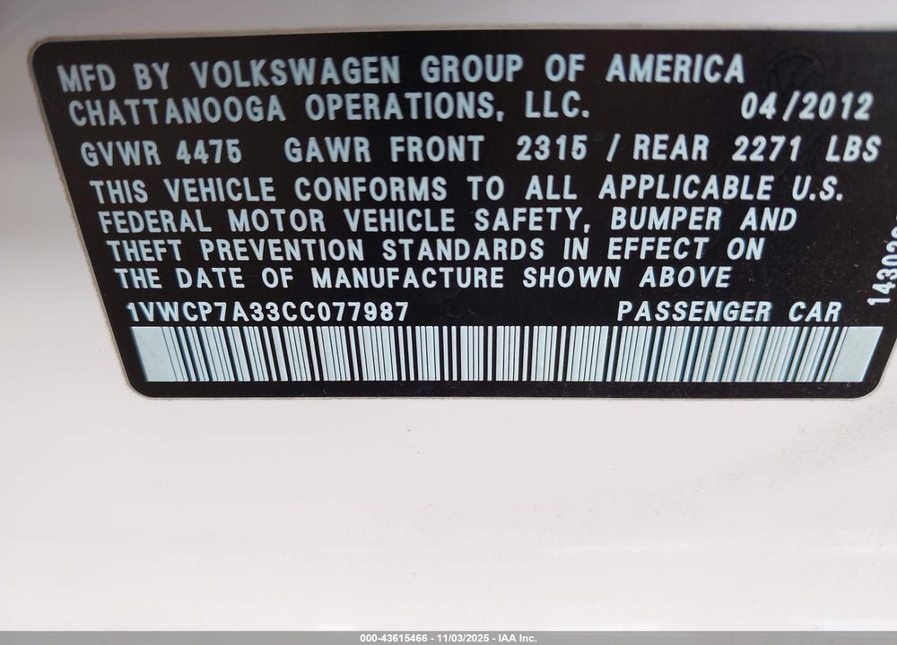 2012 VOLKSWAGEN PASSAT 2.5L SEL PREMIUM VIN: 1VWCP7A33CC077987
