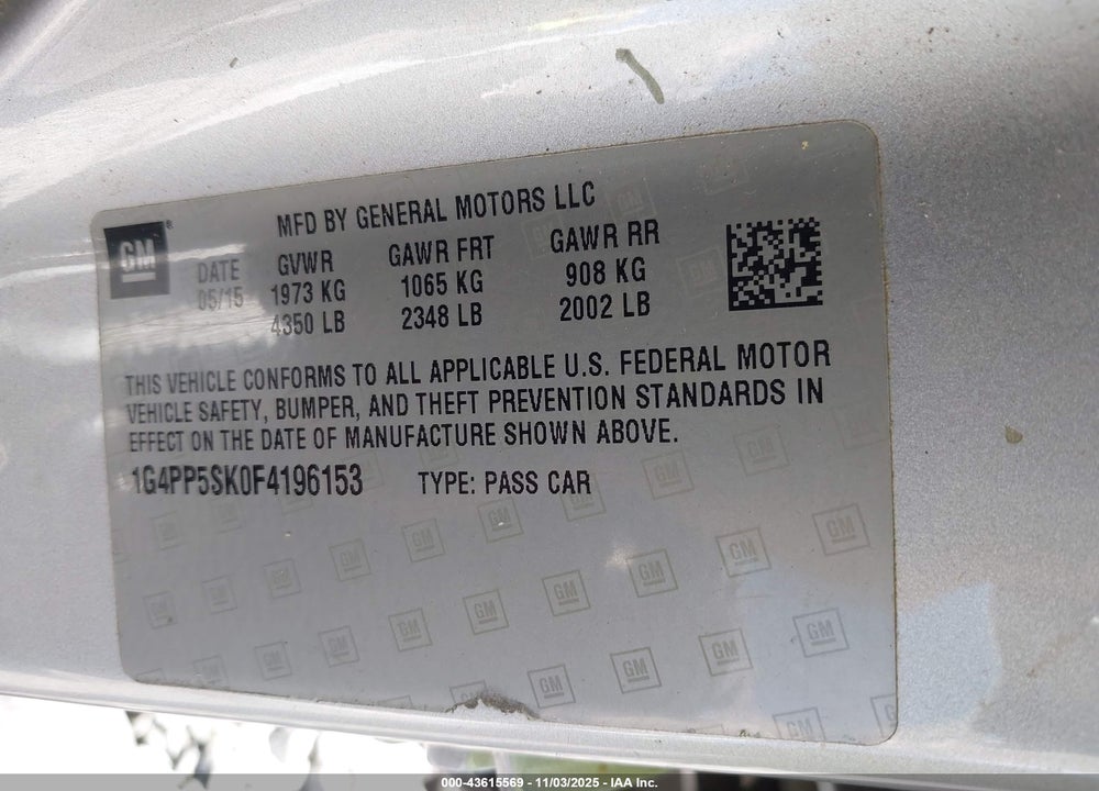2015 BUICK VERANO VIN: 1G4PP5SK0F4196153