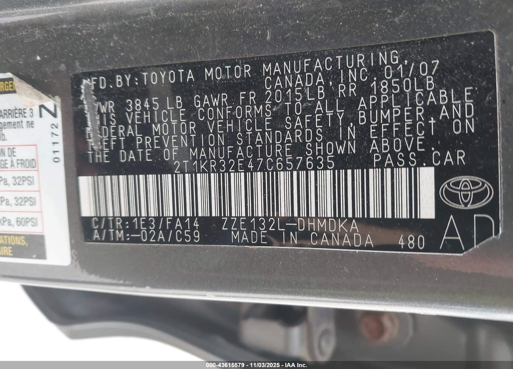 2007 TOYOTA MATRIX VIN: 2T1KR32E47C657635