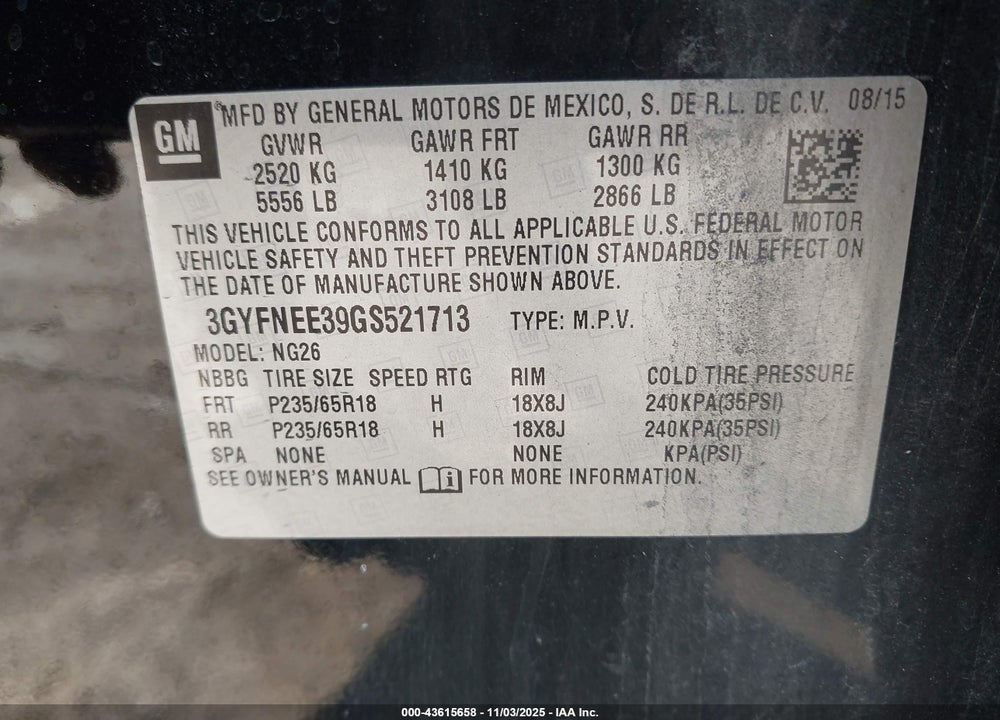 2016 CADILLAC SRX LUXURY COLLECTION VIN: 3GYFNEE39GS521713