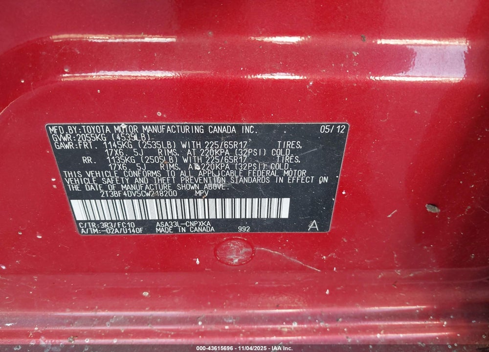 2012 TOYOTA RAV4 VIN: 2T3BF4DV5CW218200
