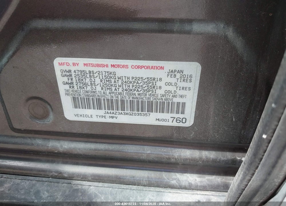 2016 MITSUBISHI OUTLANDER ES VIN: JA4AZ3A3XGZ035357