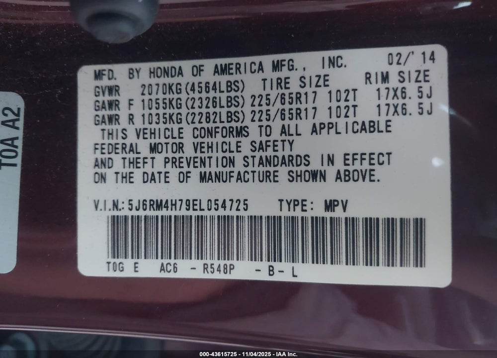2014 HONDA CR-V EX-L VIN: 5J6RM4H79EL054725