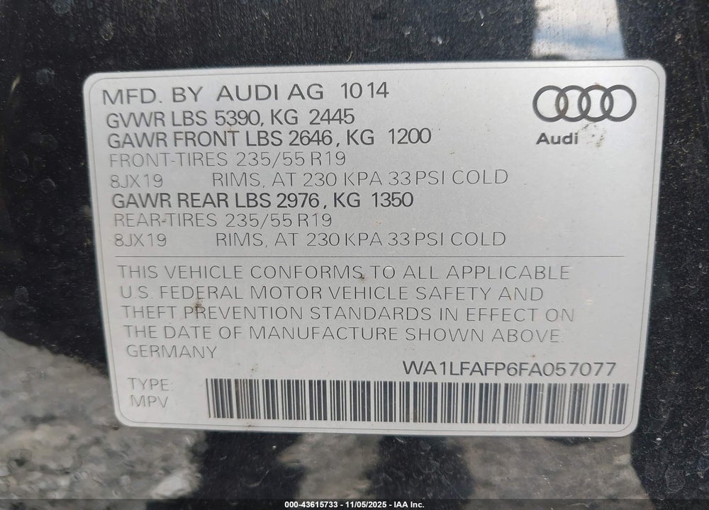 2015 AUDI Q5 2.0T PREMIUM VIN: WA1LFAFP6FA057077