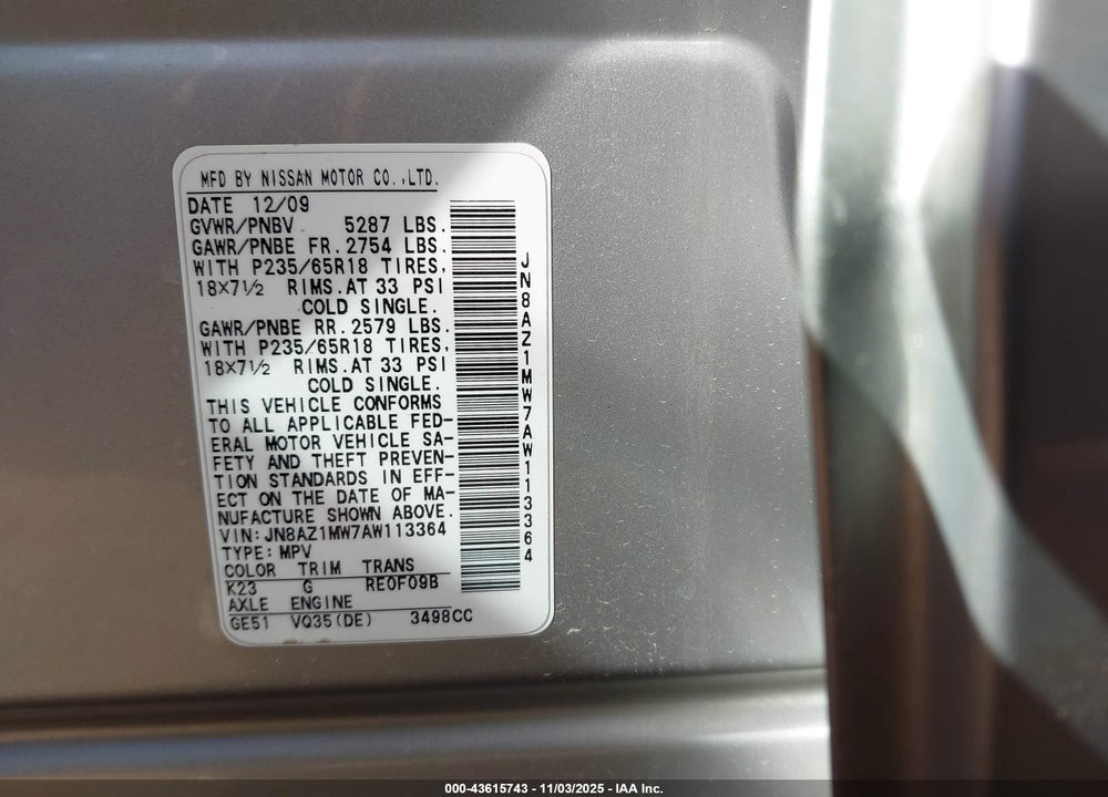 2010 NISSAN MURANO VIN: JN8AZ1MW7AW113364