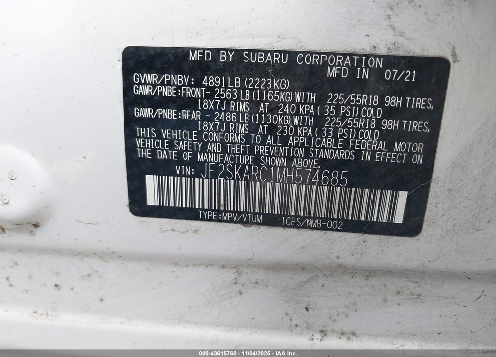 2021 SUBARU FORESTER SPORT VIN: JF2SKARC1MH574685