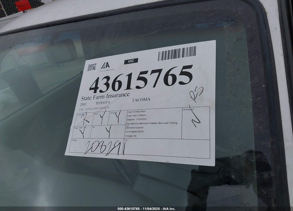 2001 TOYOTA TACOMA VIN: 5TEVL52N21Z851673