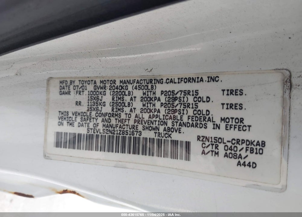 2001 TOYOTA TACOMA VIN: 5TEVL52N21Z851673