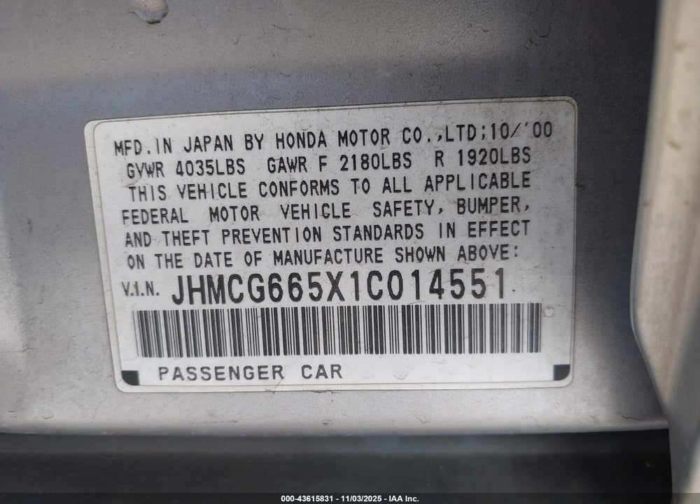 2001 HONDA ACCORD 2.3 LX VIN: JHMCG665X1C014551