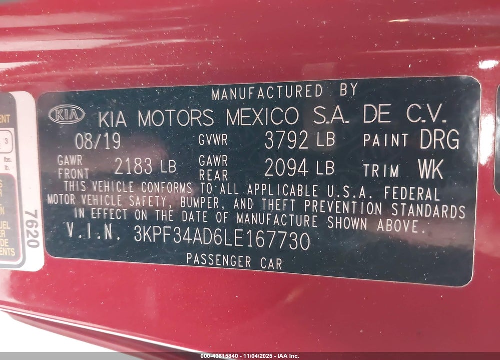 2020 KIA FORTE GT LINE VIN: 3KPF34AD6LE167730