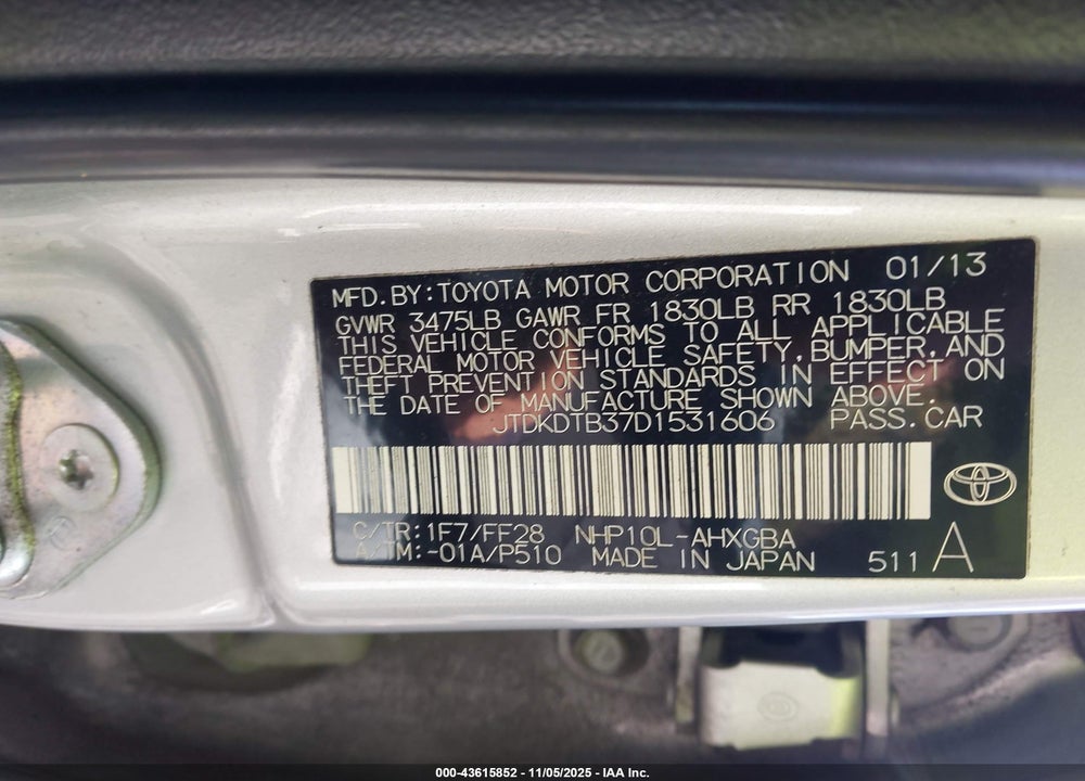 2013 TOYOTA PRIUS C VIN: JTDKDTB37D1531606