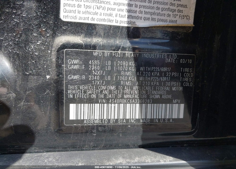 2010 SUBARU OUTBACK 2.5I LIMITED VIN: 4S4BRBKC6A3366283