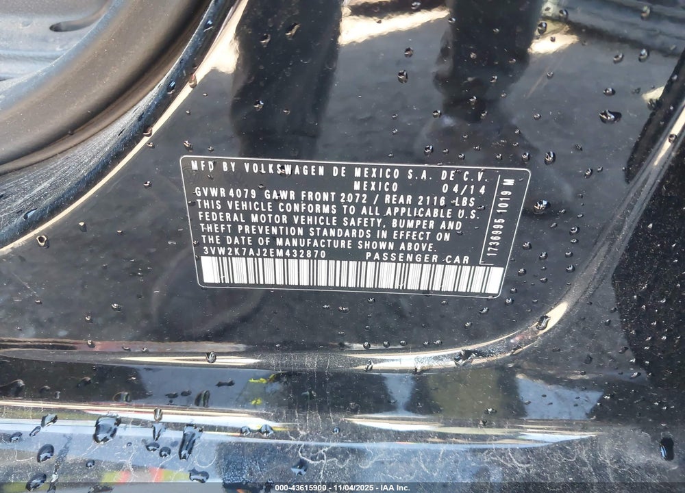 2014 VOLKSWAGEN JETTA 2.0L S VIN: 3VW2K7AJ2EM432870