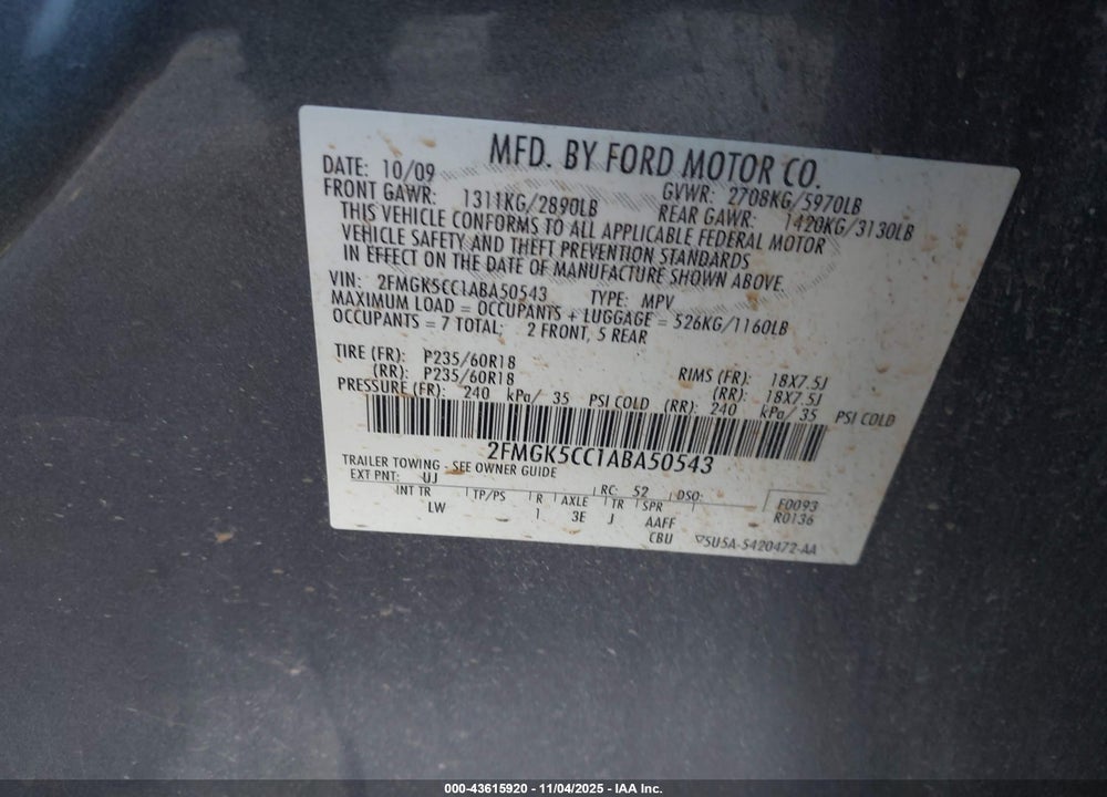 2010 FORD FLEX SEL VIN: 2FMGK5CC1ABA50543