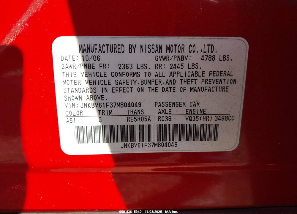 2007 INFINITI G35X VIN: JNKBV61F37M804049