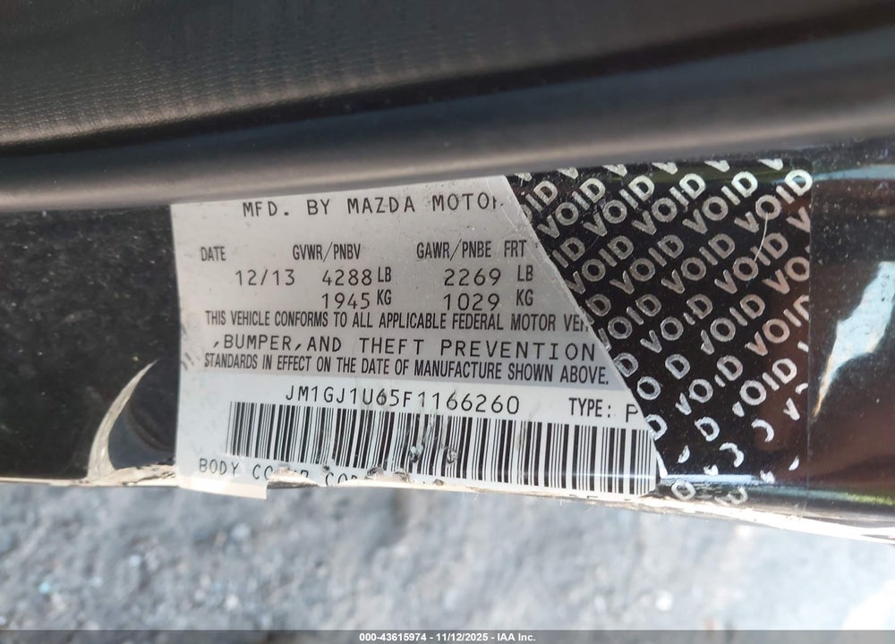 2015 MAZDA 6 I SPORT VIN: JM1GJ1U65F1166260