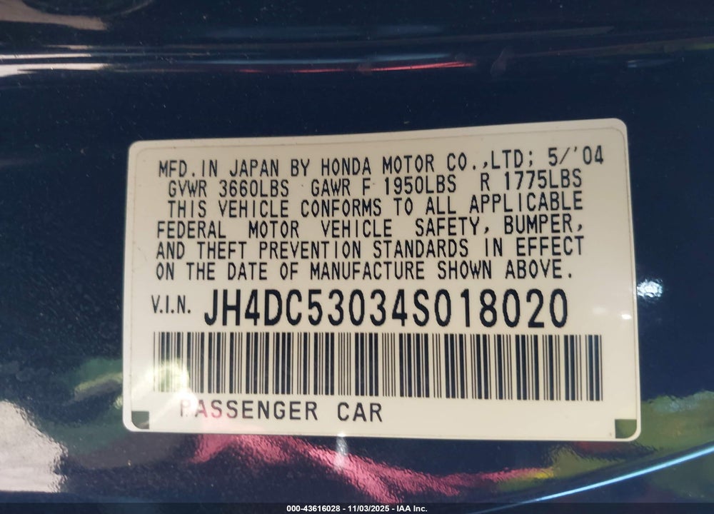 2004 ACURA RSX VIN: JH4DC53034S018020