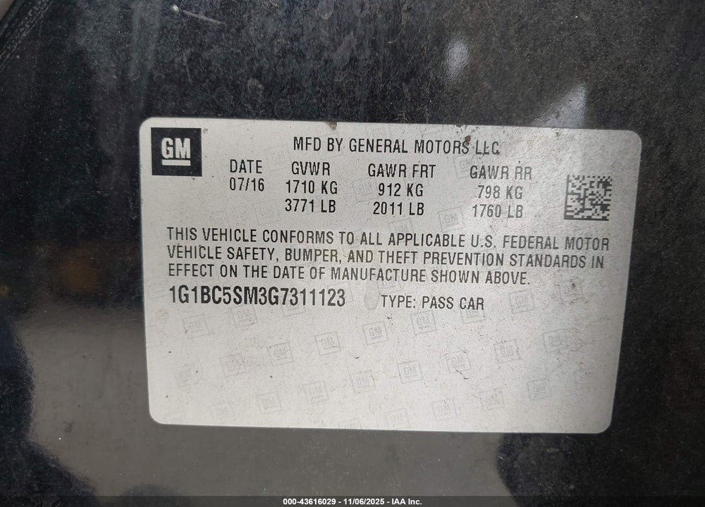 2016 CHEVROLET CRUZE LS AUTO VIN: 1G1BC5SM3G7311123