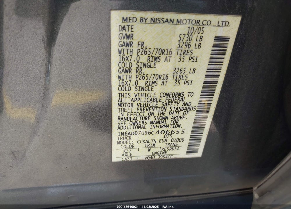 2006 NISSAN FRONTIER SE VIN: 1N6AD07U96C406655