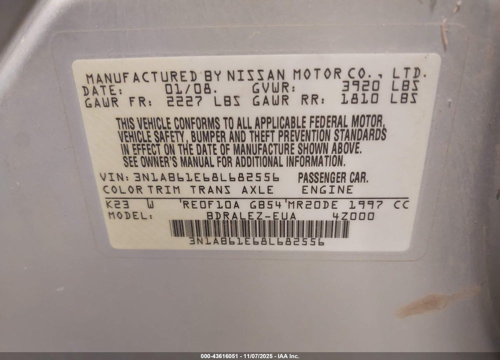 2008 NISSAN SENTRA 2.0S VIN: 3N1AB61E68L682556