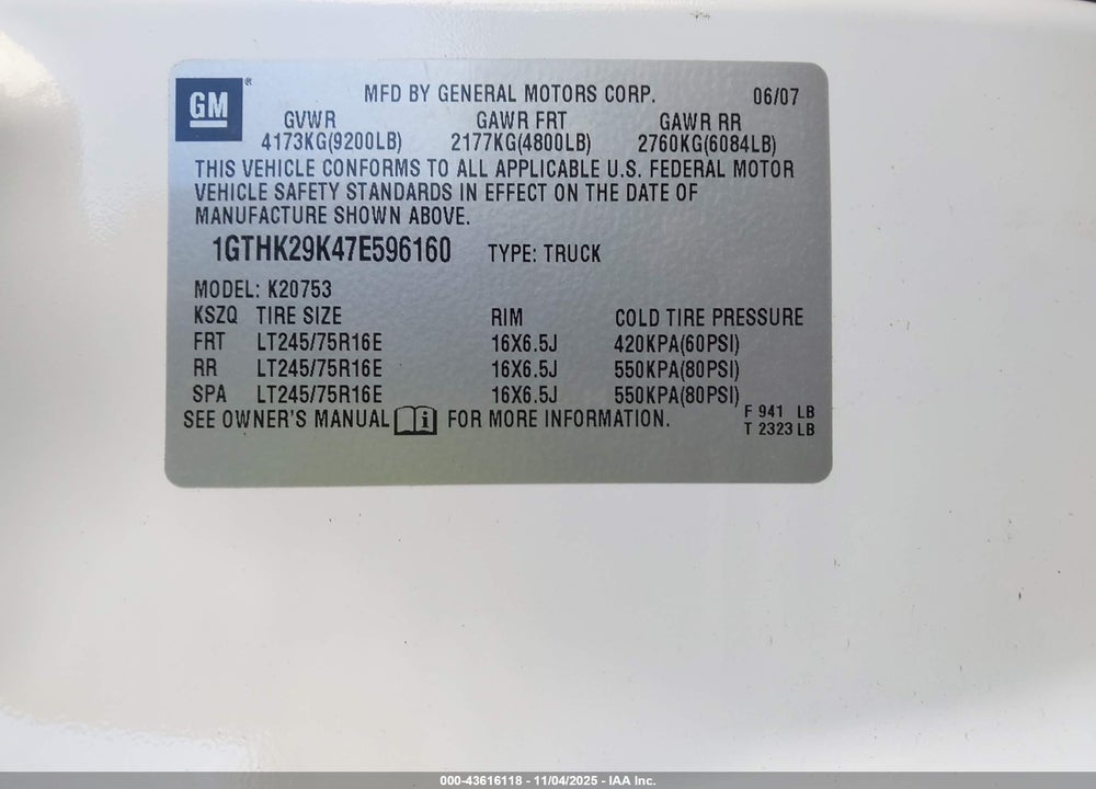 2007 GMC SIERRA VIN: 1GTHK29K47E596160