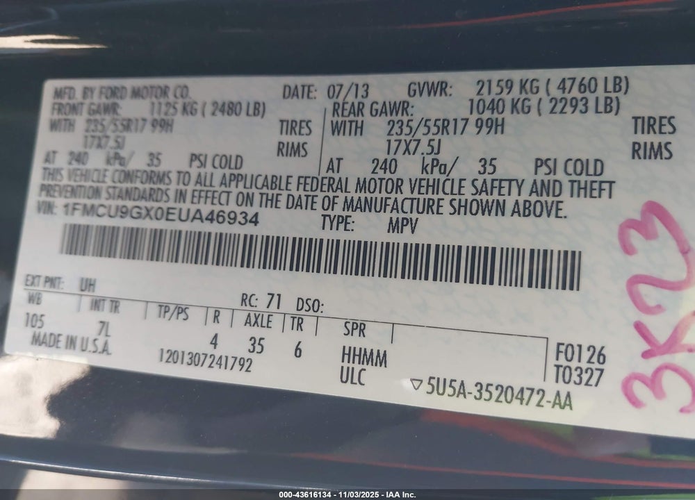 2014 FORD ESCAPE SE VIN: 1FMCU9GX0EUA46934
