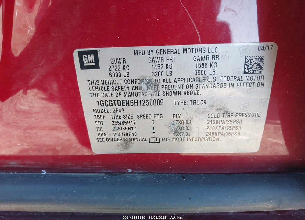 2017 CHEVROLET COLORADO VIN: 1GCGTDEN6H1250009