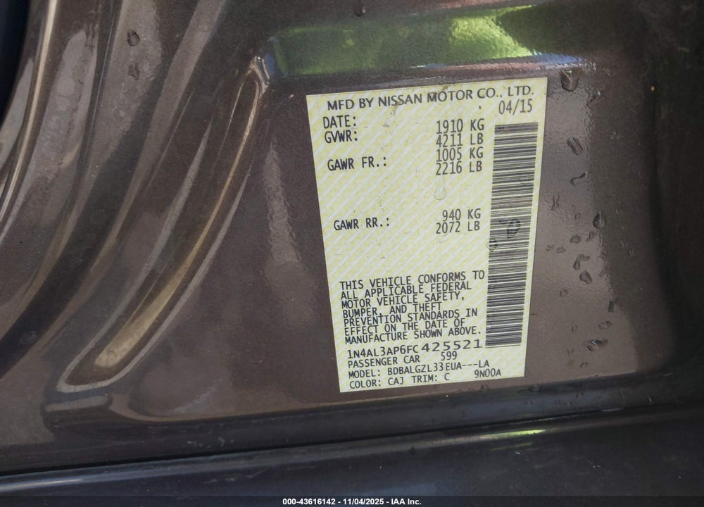 2015 NISSAN ALTIMA VIN: 1N4AL3AP6FC425521