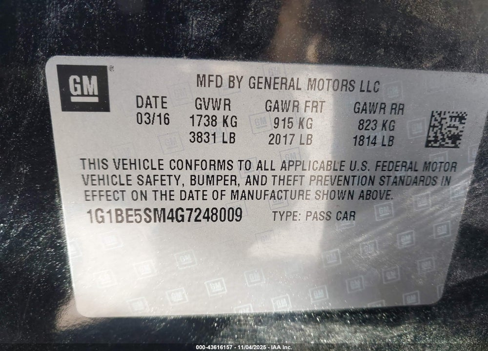 2016 CHEVROLET CRUZE LT AUTO VIN: 1G1BE5SM4G7248009